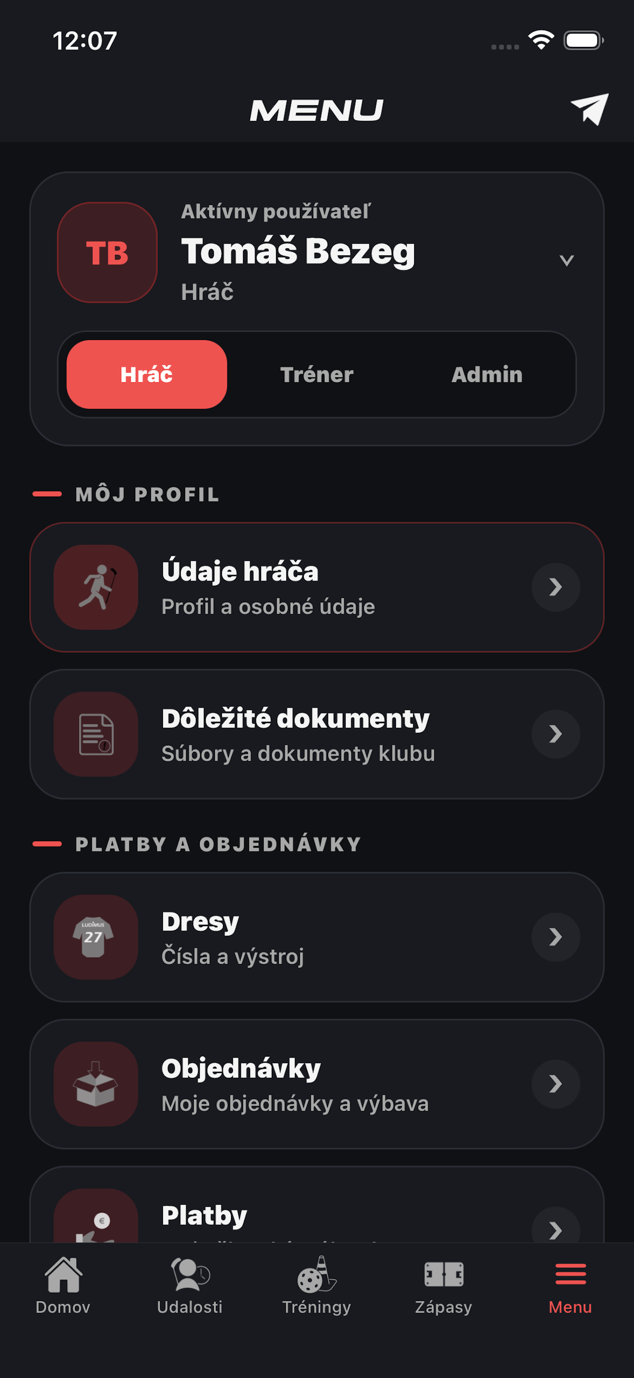Mobilná aplikácia Ludimus – menu hráča s platbami a objednávkami