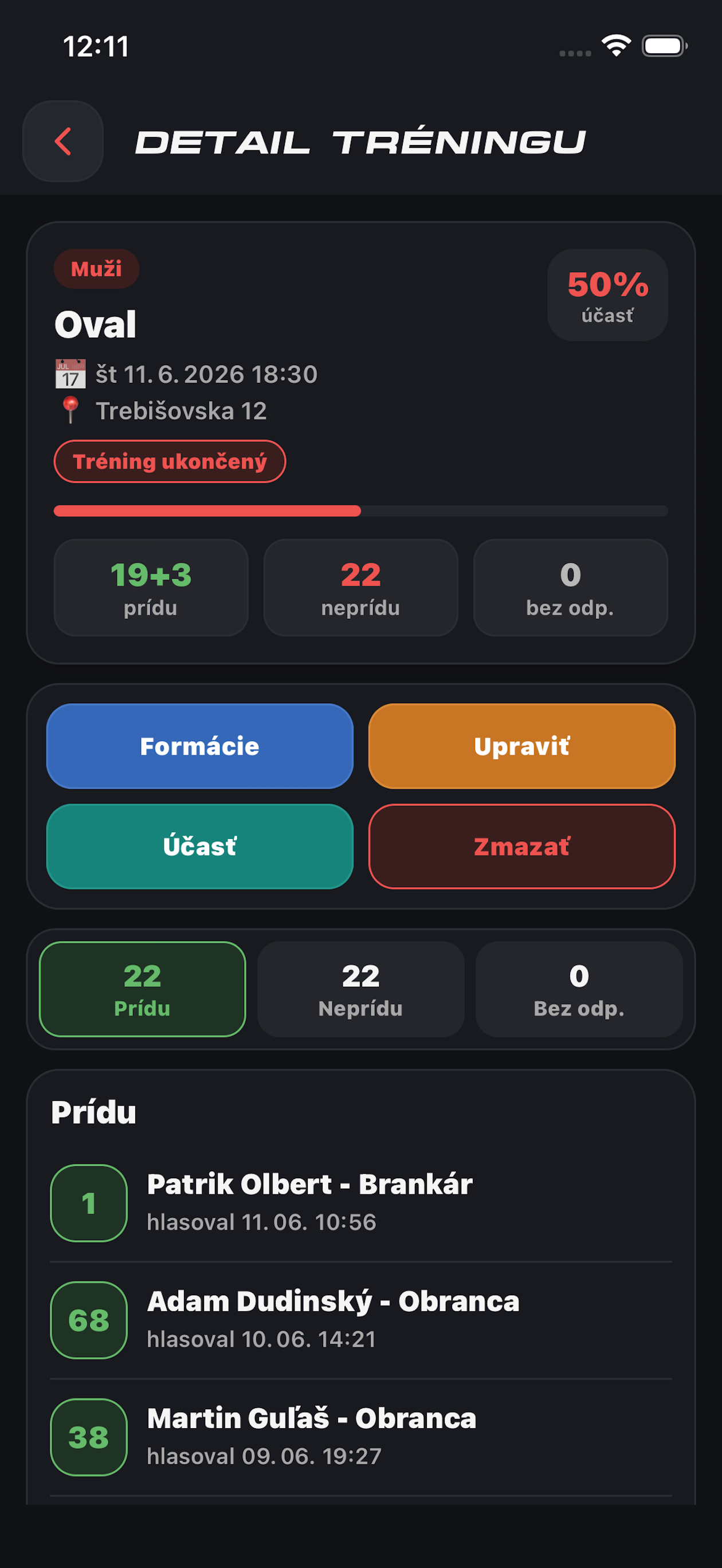 Mobilná aplikácia Ludimus – detail tréningu s účasťou hráčov