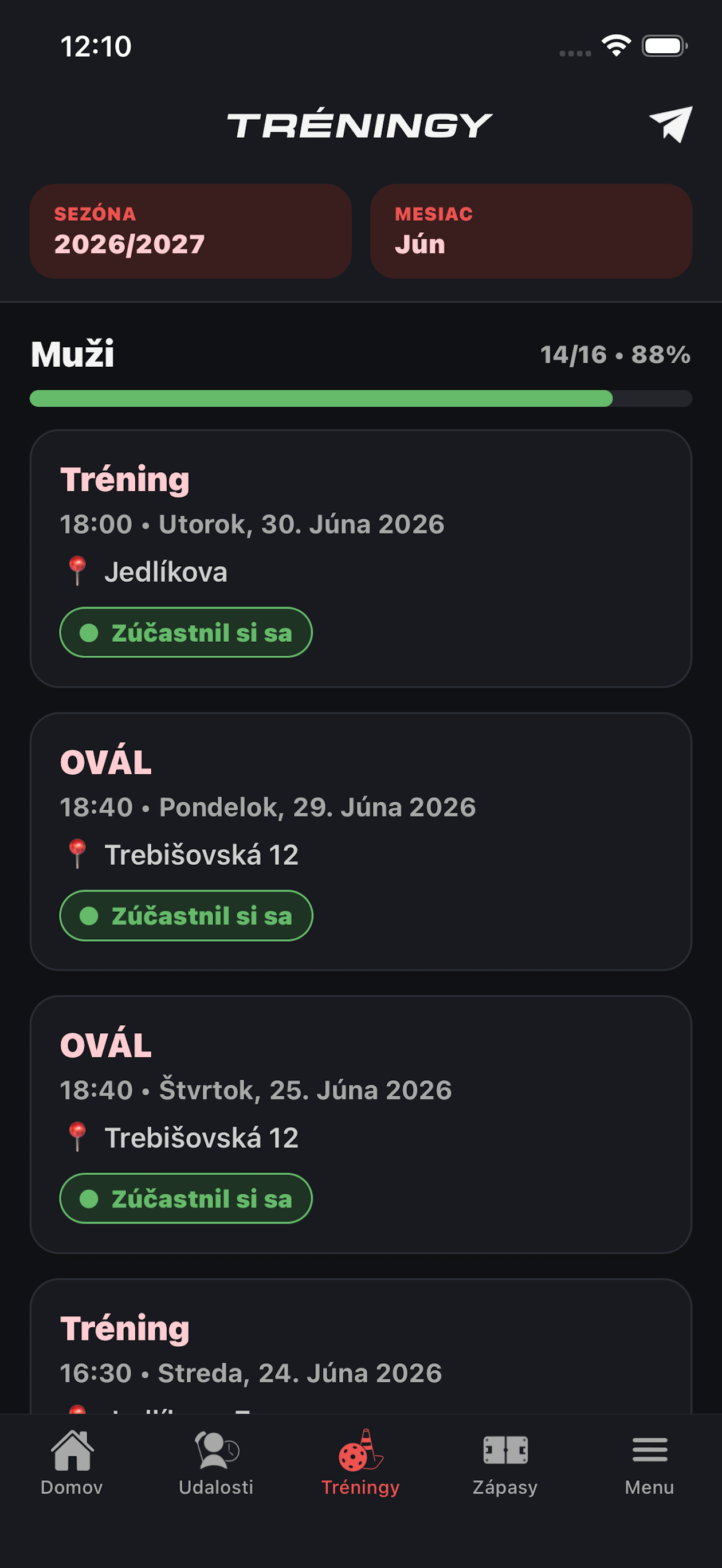 Mobilná aplikácia Ludimus – prehľad tréningov a dochádzky hráča