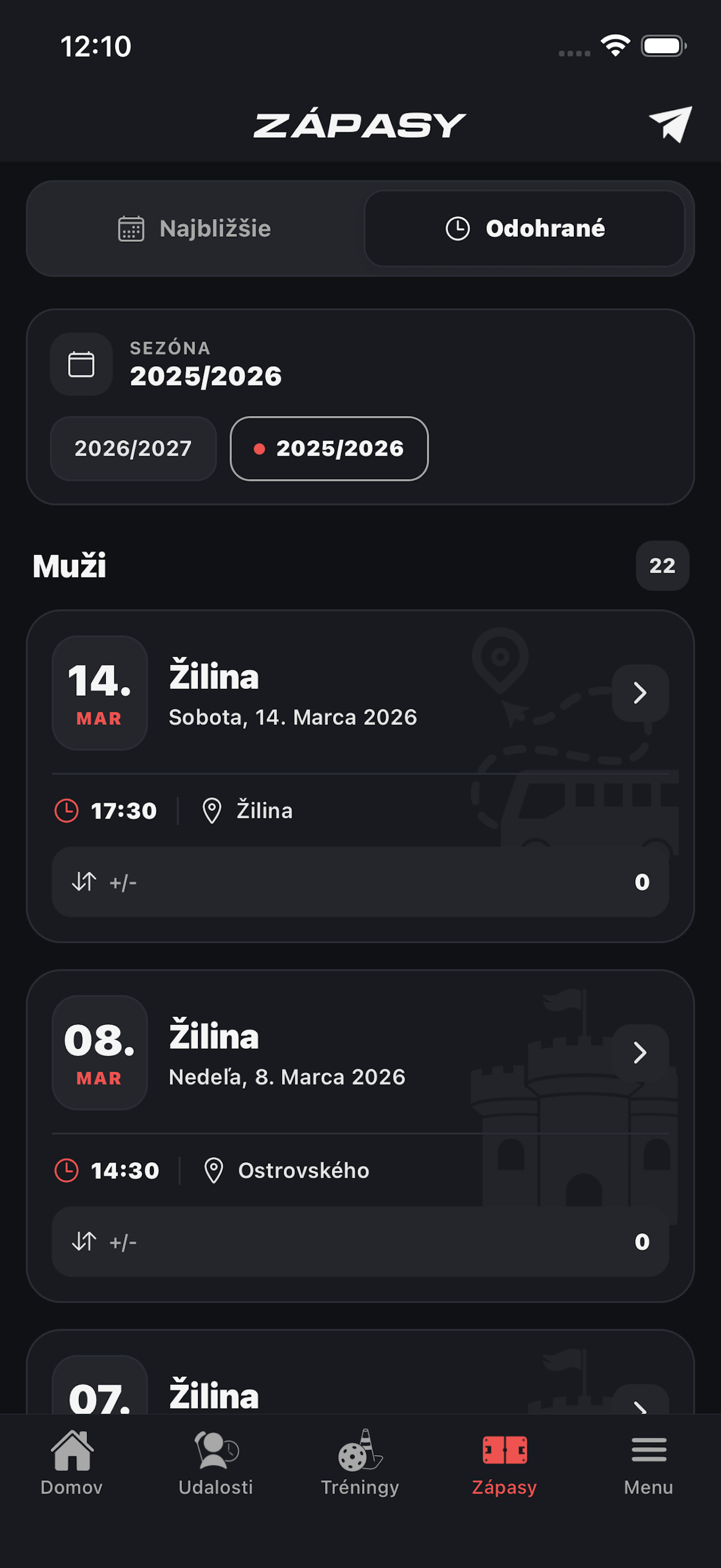 Mobilná aplikácia Ludimus – odohrané zápasy a výsledky tímu