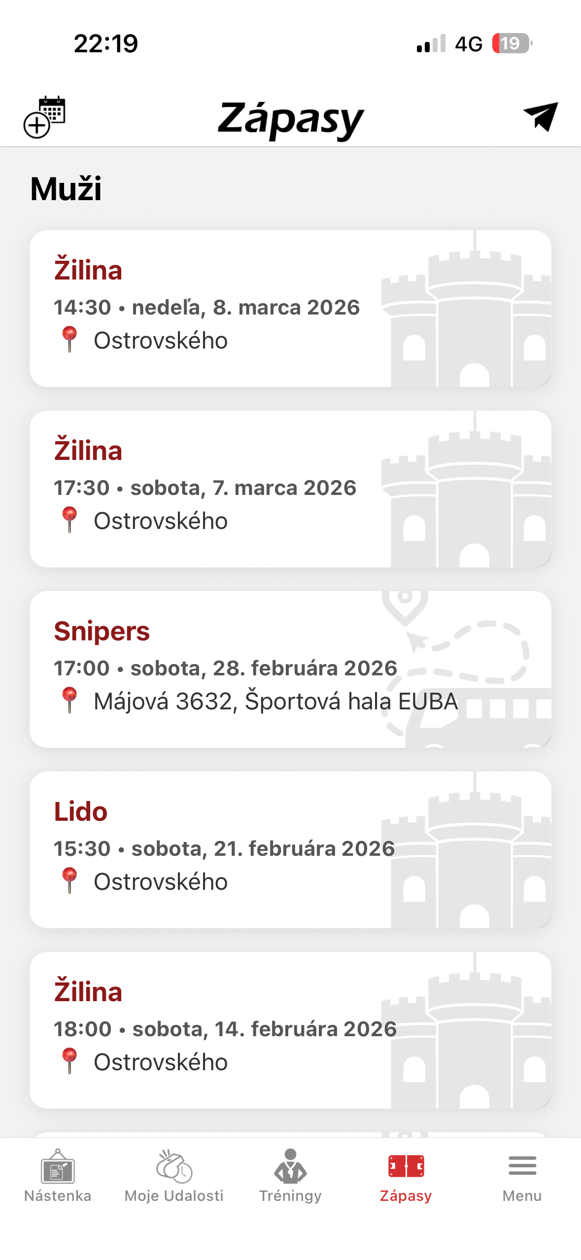 Mockup Ludimus aplikácie – zápasy a nominácie